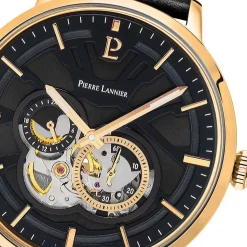 PIERRE LANNIER Montre Trio Noir cadran doré fond noir bracelet cuir noir Outlet