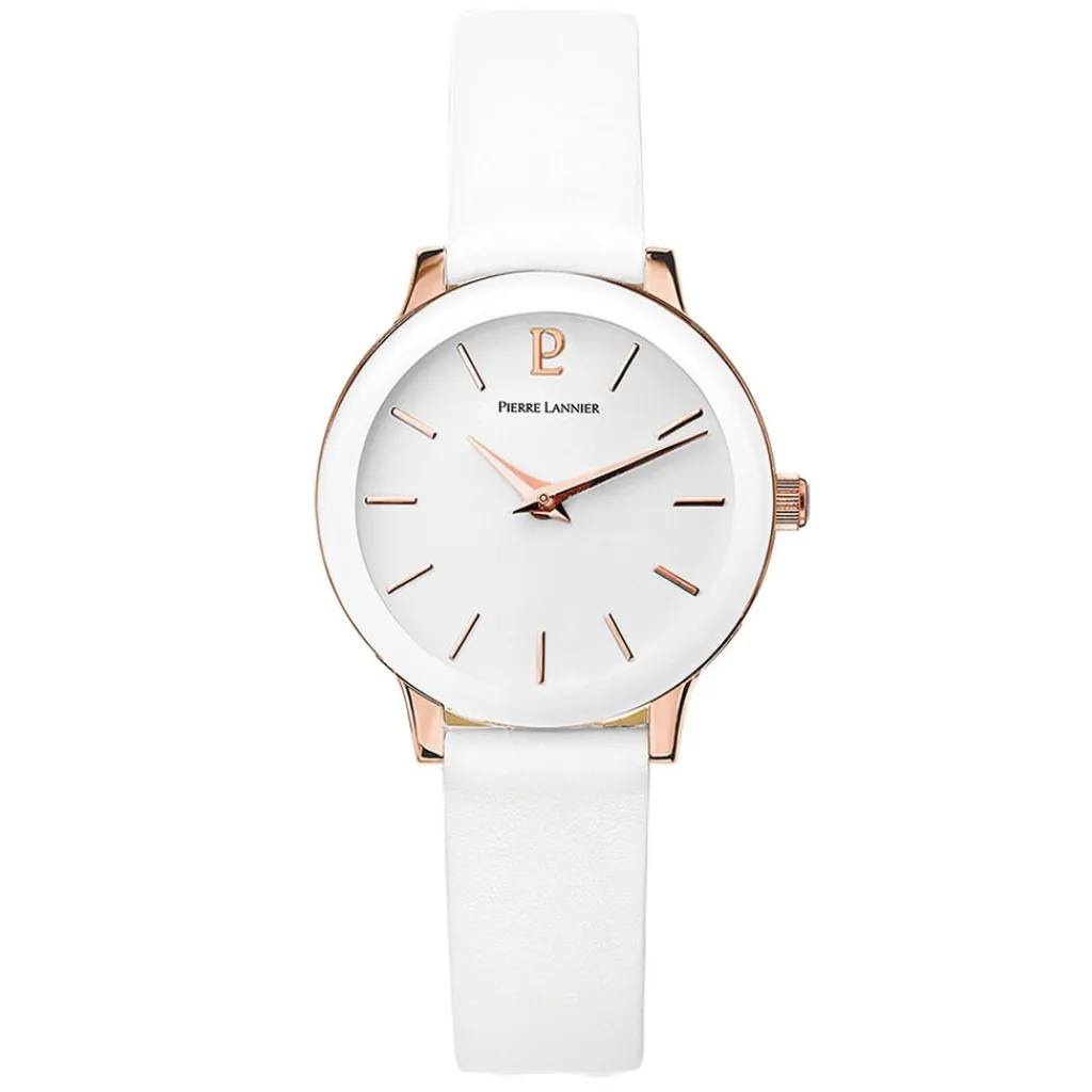 PIERRE LANNIER Montre Week End Ligne Pure Blanc cadran doré rose fond blanc bracelet cuir blanc Sale