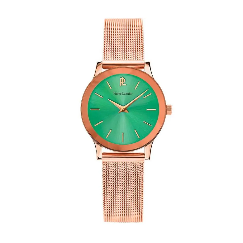 PIERRE LANNIER Montre Week End Ligne Pure Vert cadran doré rose fond vert bracelet acier doré rose Discount