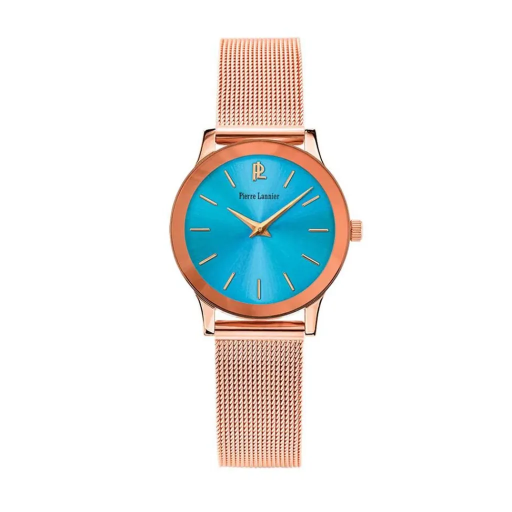 PIERRE LANNIER Montre Week End Ligne Pure Turquoise cadran doré rose fond turquoise bracelet acier doré rose Online