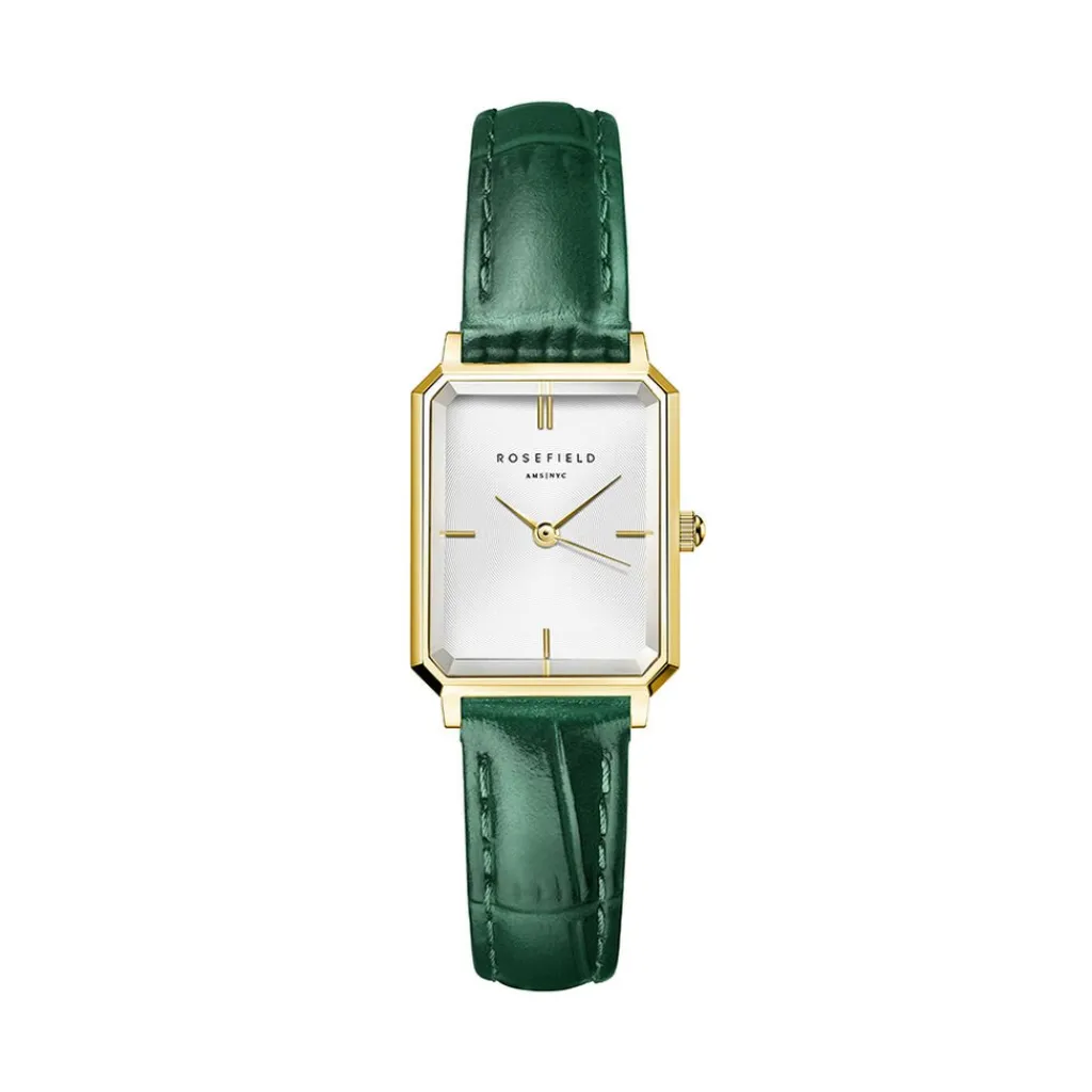 ROSEFIELD Montre Octagon Xs Blanc cadran doré fond blanc bracelet cuir de vache vert Outlet