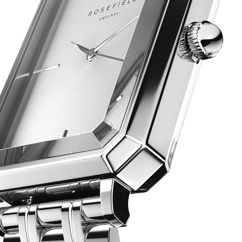 ROSEFIELD Montre Octagon Blanc cadran argenté fond blanc bracelet acier argenté Sale