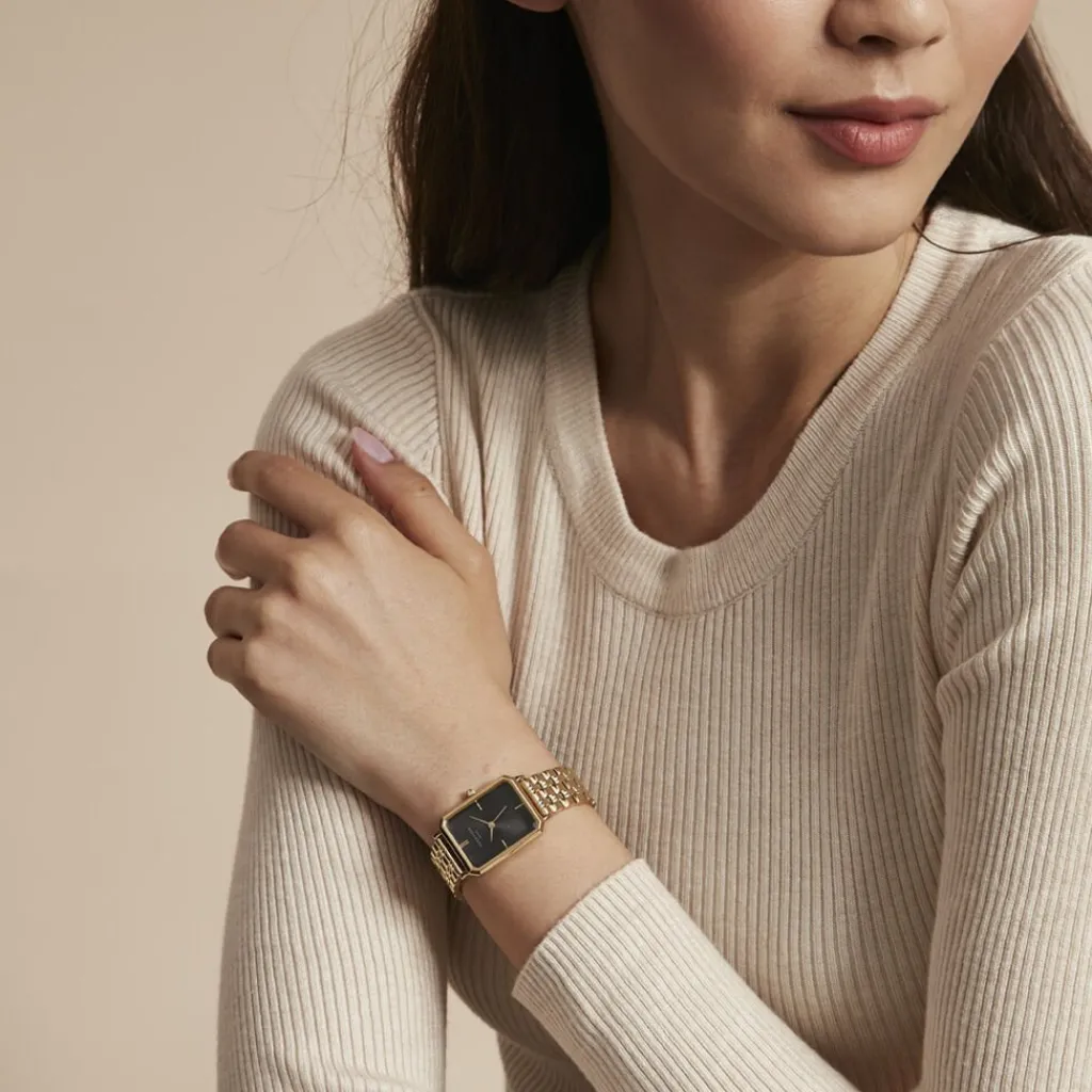 ROSEFIELD Montre Octagon Noir cadran doré fond noir bracelet acier doré Discount