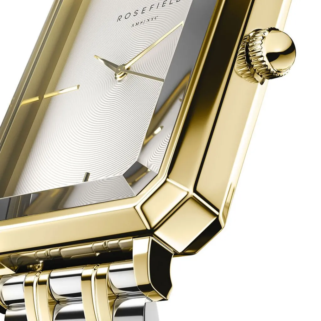 ROSEFIELD Montre Octagon Blanc cadran doré fond blanc bracelet acier doré New