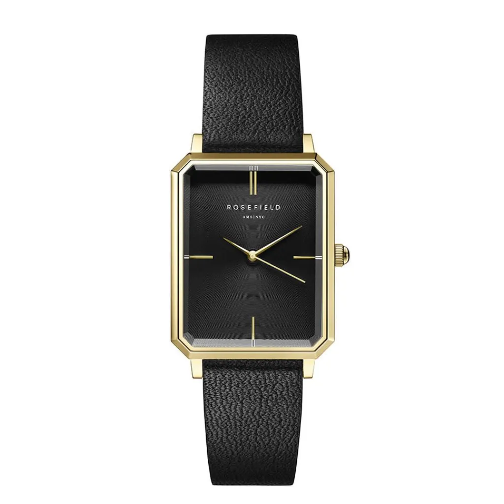 ROSEFIELD Montre Octagon Noir cadran doré fond noir bracelet cuir noir Online