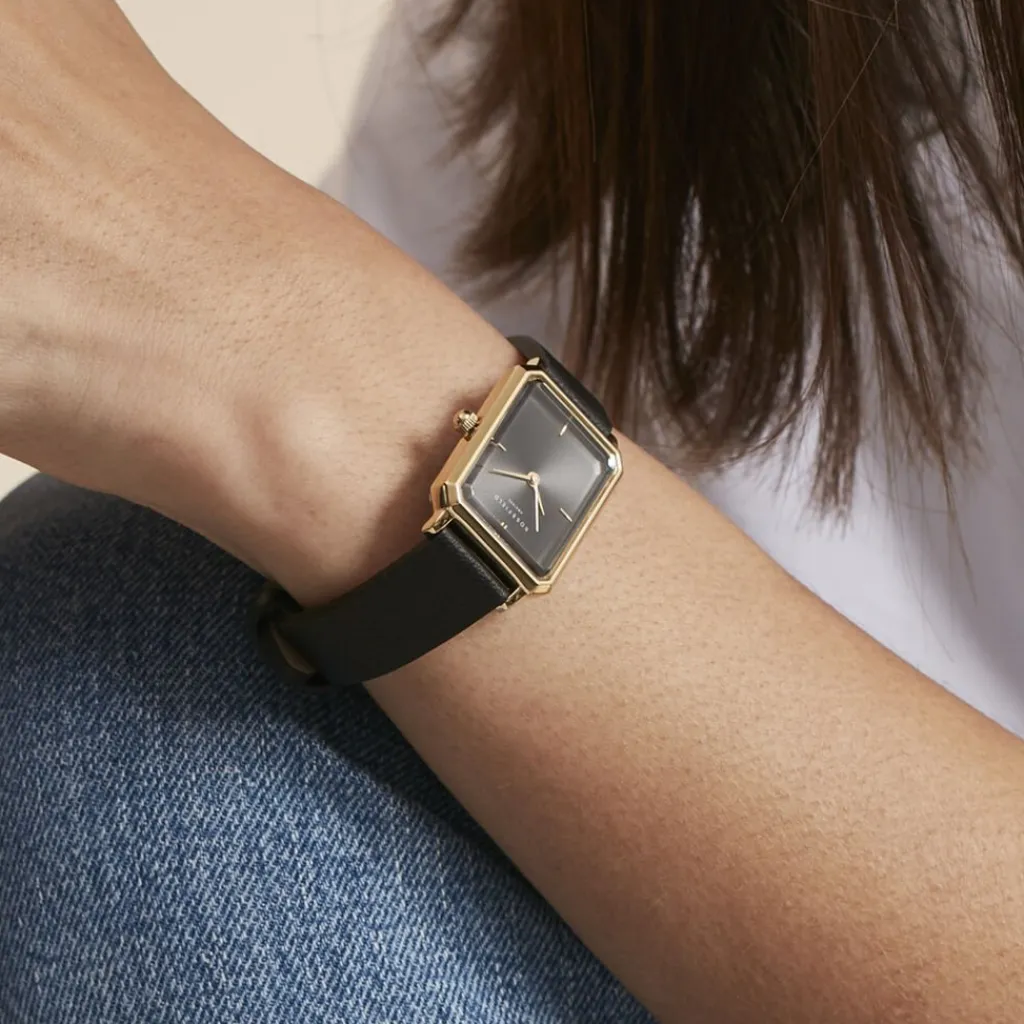 ROSEFIELD Montre Octagon Noir cadran doré fond noir bracelet cuir noir Online