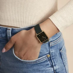 ROSEFIELD Montre The Boxy Noir cadran doré fond noir bracelet cuir vert Hot