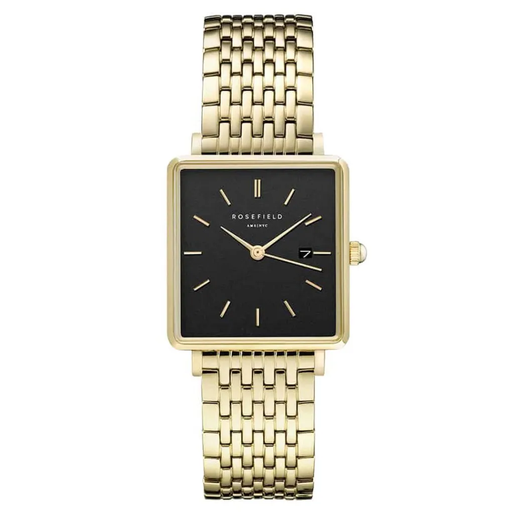 ROSEFIELD Montre The Boxy Noir cadran doré fond noir bracelet acier doré Clearance