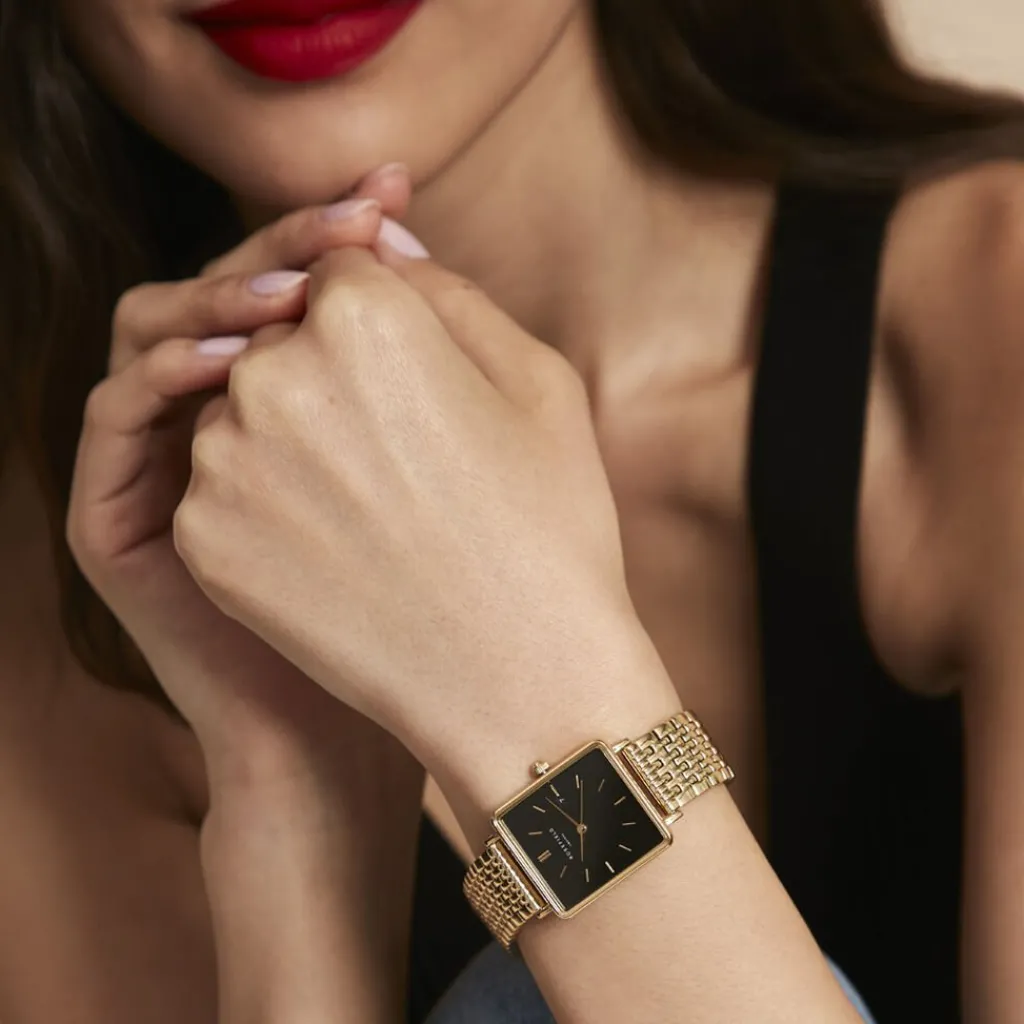 ROSEFIELD Montre The Boxy Noir cadran doré fond noir bracelet acier doré Clearance