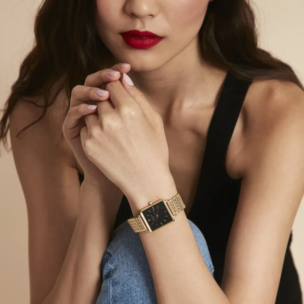 ROSEFIELD Montre The Boxy Noir cadran doré fond noir bracelet acier doré Clearance