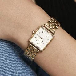 ROSEFIELD Montre The Mini Boxy Blanc cadran doré fond blanc bracelet acier doré Sale