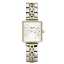 ROSEFIELD Montre The Mini Boxy Blanc cadran doré fond blanc bracelet acier bicolore