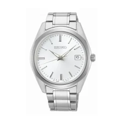 SEIKO Montre Classique Blanc cadran argenté fond blanc bracelet acier argenté