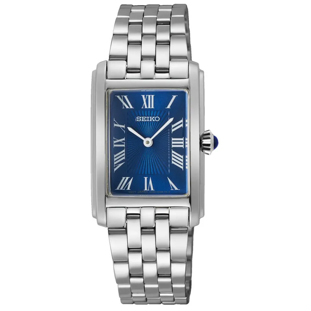 SEIKO Montre Classique Bleu cadran argenté fond bleu bracelet acier argenté Outlet
