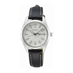 SEIKO Montre Classique Blanc cadran argenté fond blanc bracelet cuir noir Clearance