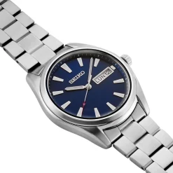 SEIKO Montre Classique Homme Bleu cadran argenté fond bleu bracelet acier argenté New