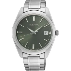 SEIKO Montre Classique Kaki cadran argenté fond kaki bracelet acier argenté Sale