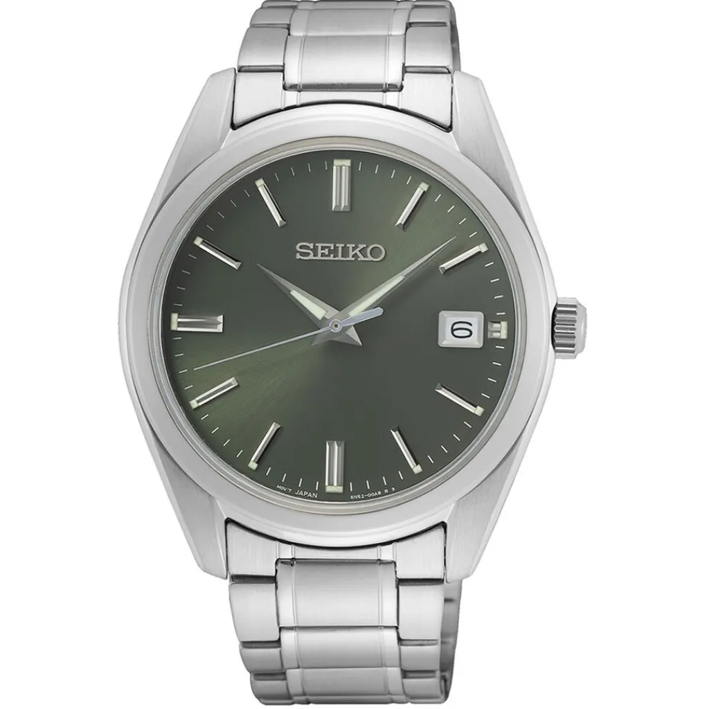 SEIKO Montre Classique Kaki cadran argenté fond kaki bracelet acier argenté Sale