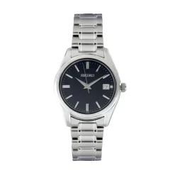 SEIKO Montre Classique Noir cadran argenté fond noir bracelet acier argenté Outlet