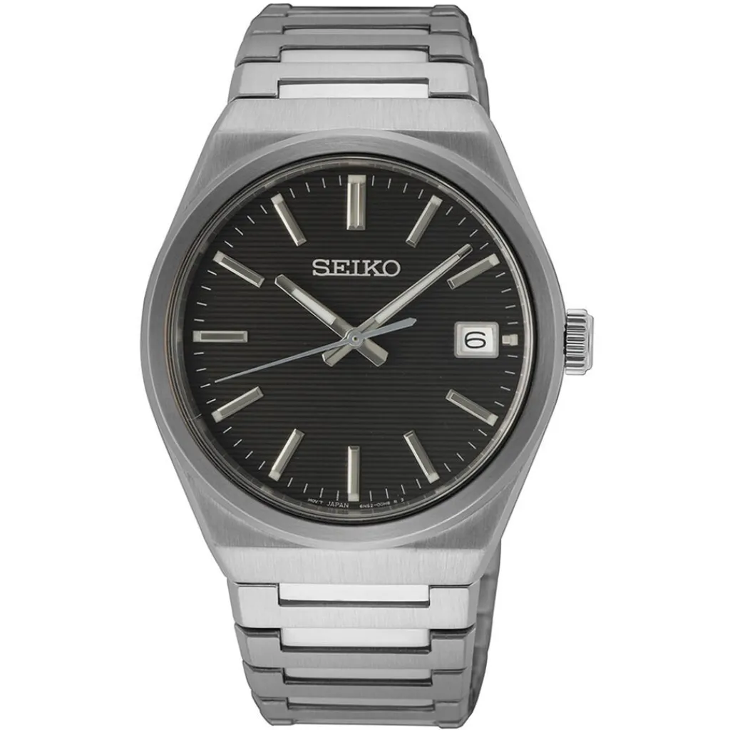 SEIKO Montre Classique Noir cadran argenté fond noir bracelet acier argenté