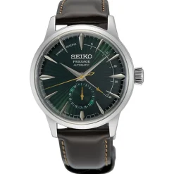 SEIKO Montre Presage Cocktail Vert cadran argenté fond vert bracelet cuir marron New