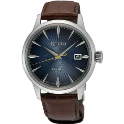 SEIKO Montre Presage Cocktail Bleu cadran argenté fond bleu bracelet cuir marron Online