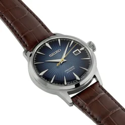 SEIKO Montre Presage Cocktail Bleu cadran argenté fond bleu bracelet cuir marron Online