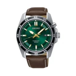SEIKO Montre Sport Kinetic Vert cadran argenté fond vert bracelet cuir marron Best