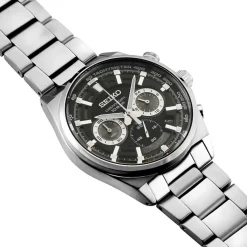 SEIKO Montre Sport Noir cadran argenté fond noir bracelet acier gris Discount
