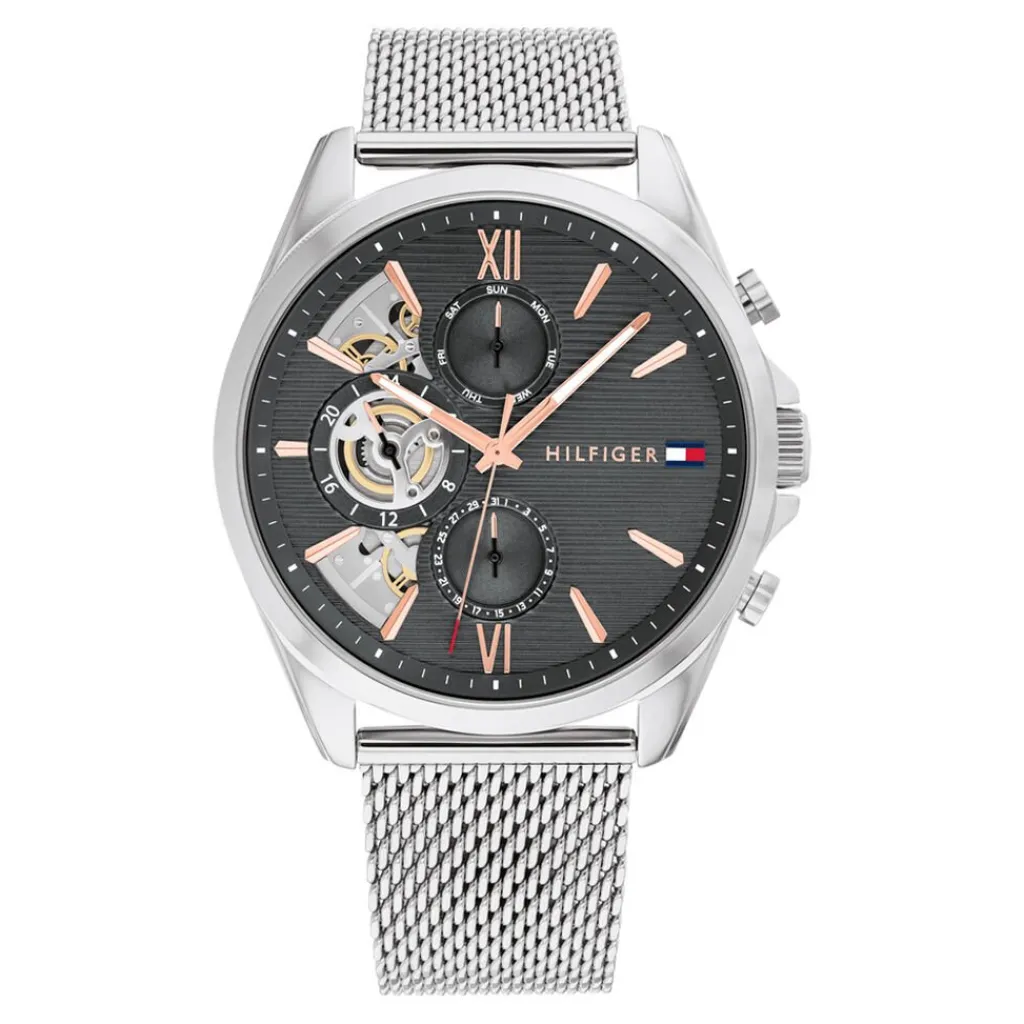 TOMMY HILFIGER Montre Baker Gris cadran argenté fond gris bracelet acier argenté New