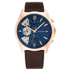 TOMMY HILFIGER Montre Baker Bleu cadran doré fond bleu bracelet cuir de veau marron Best