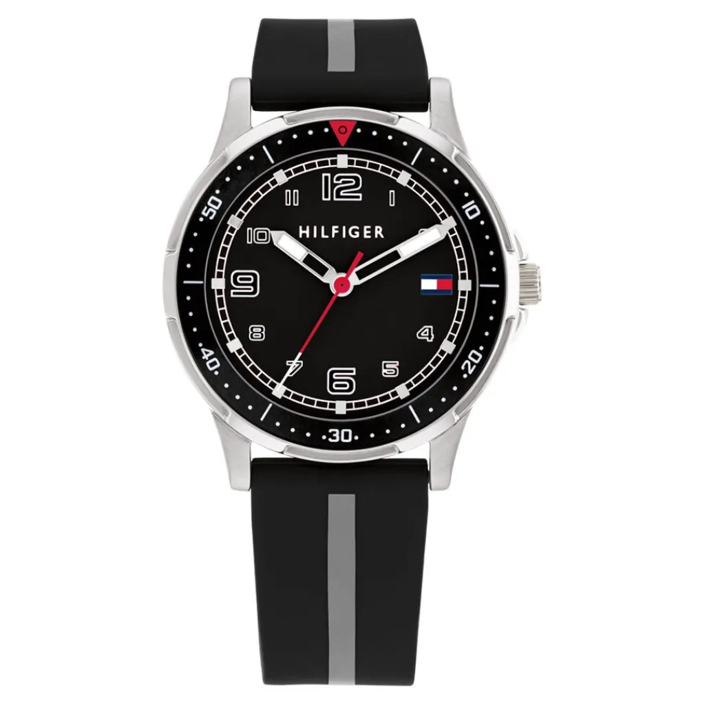 TOMMY HILFIGER Montre Boys Noir cadran argenté fond noir bracelet silicone noir Hot