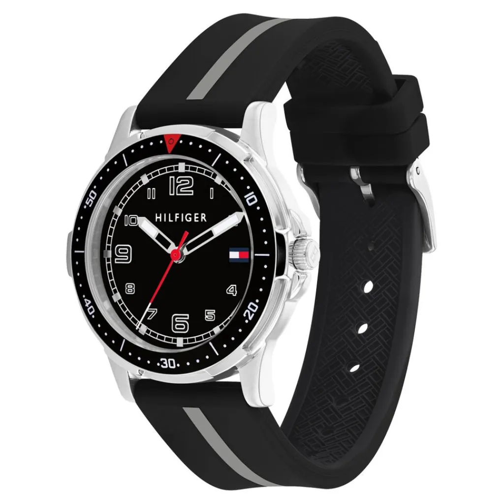 TOMMY HILFIGER Montre Boys Noir cadran argenté fond noir bracelet silicone noir Hot