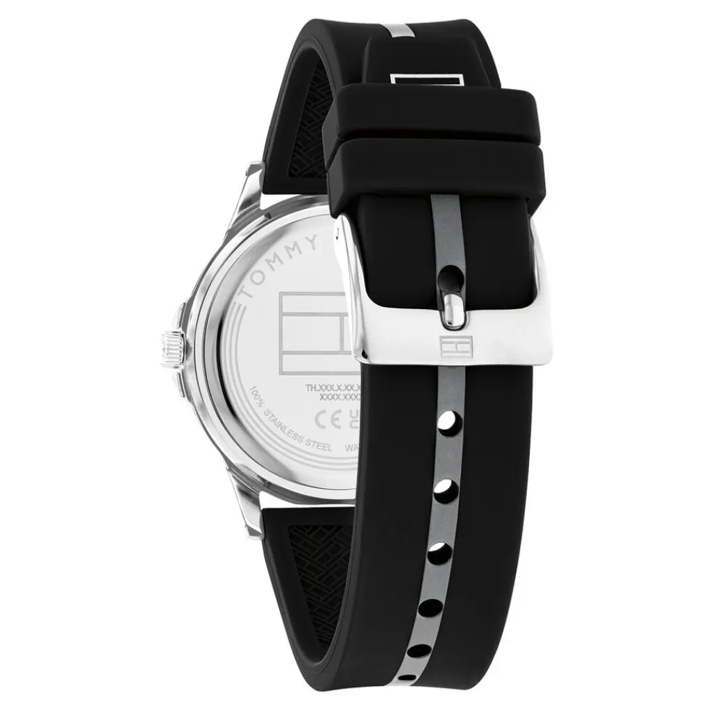TOMMY HILFIGER Montre Boys Noir cadran argenté fond noir bracelet silicone noir Hot