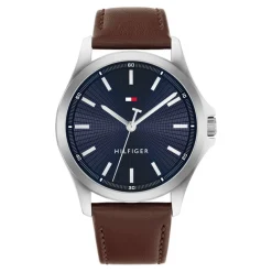 TOMMY HILFIGER Montre Bruce Bleu cadran argenté fond bleu bracelet cuir de veau marron