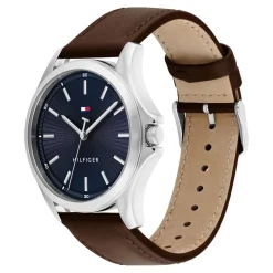 TOMMY HILFIGER Montre Bruce Bleu cadran argenté fond bleu bracelet cuir de veau marron