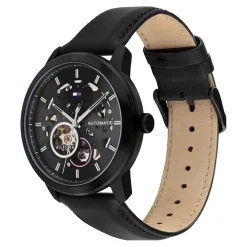 TOMMY HILFIGER Montre Henry Auto Noir cadran noir fond noir bracelet cuir de veau noir Hot