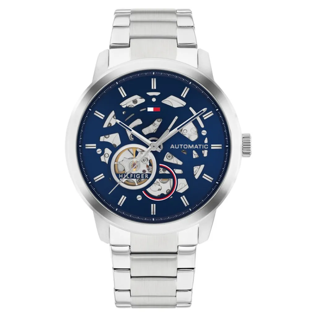 TOMMY HILFIGER Montre Henry Auto Bleu cadran argenté fond bleu bracelet acier argenté Outlet