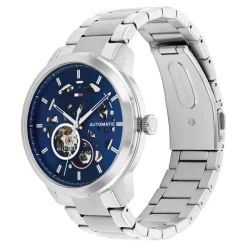 TOMMY HILFIGER Montre Henry Auto Bleu cadran argenté fond bleu bracelet acier argenté Outlet