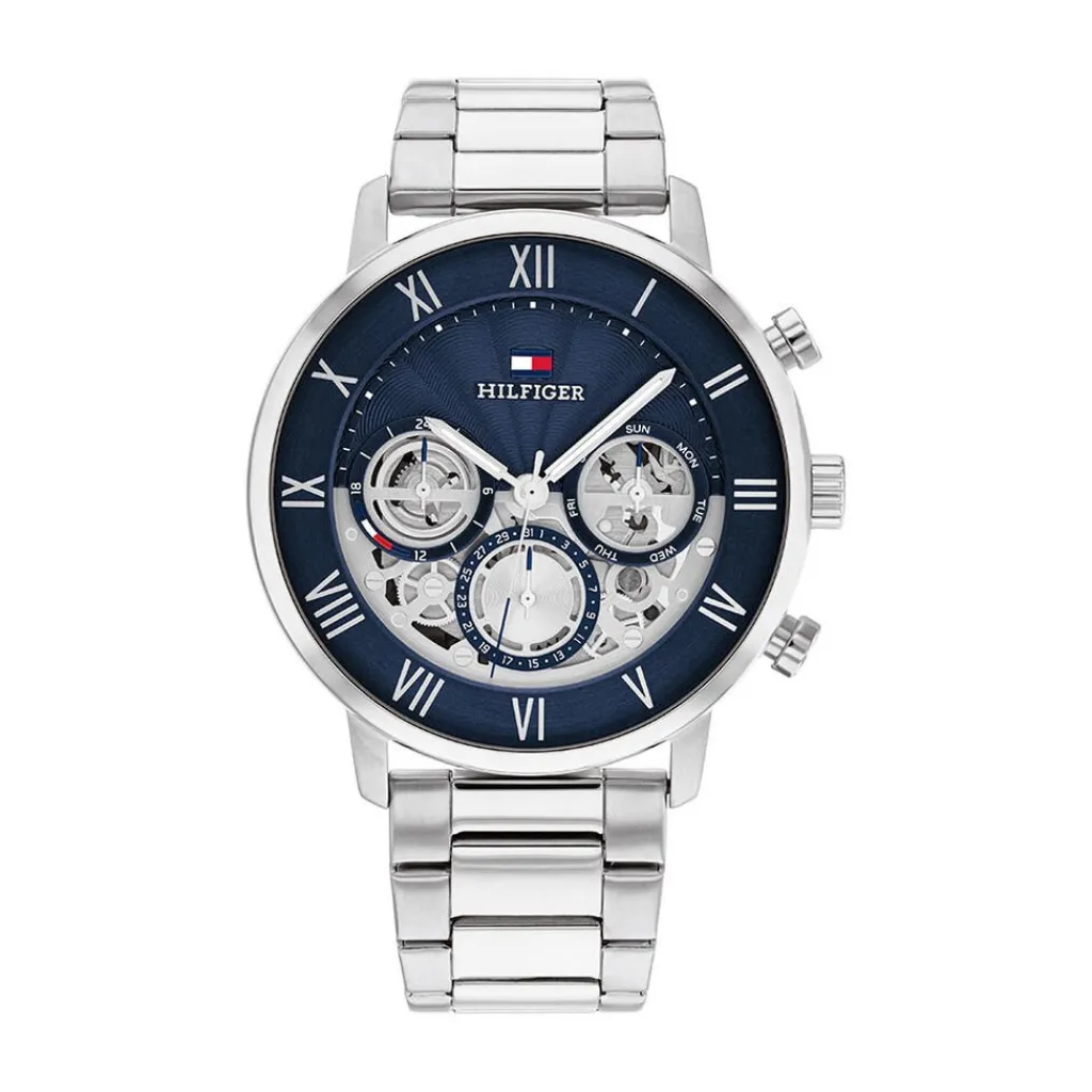 TOMMY HILFIGER Montre Legend Bleu cadran argenté fond bleu bracelet acier argenté Hot