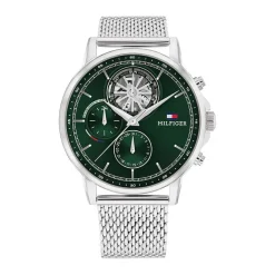 TOMMY HILFIGER Montre Stewart Vert cadran argenté fond vert bracelet acier argenté Sale