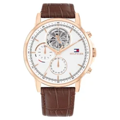 TOMMY HILFIGER Montre Stewart Blanc cadran rose fond blanc bracelet cuir de veau marron Best