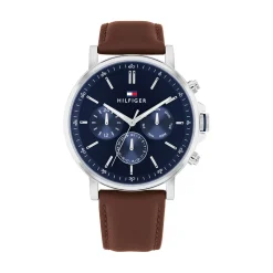 TOMMY HILFIGER Montre Tyson Bleu cadran blanc fond bleu bracelet cuir marron Hot