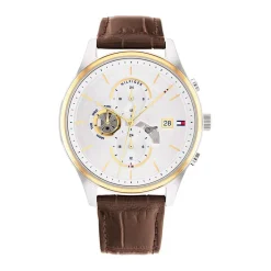TOMMY HILFIGER Montre Weston Argenté cadran bicolore jaune / blanc fond argenté bracelet cuir marron Sale