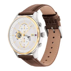 TOMMY HILFIGER Montre Weston Argenté cadran bicolore jaune / blanc fond argenté bracelet cuir marron Sale