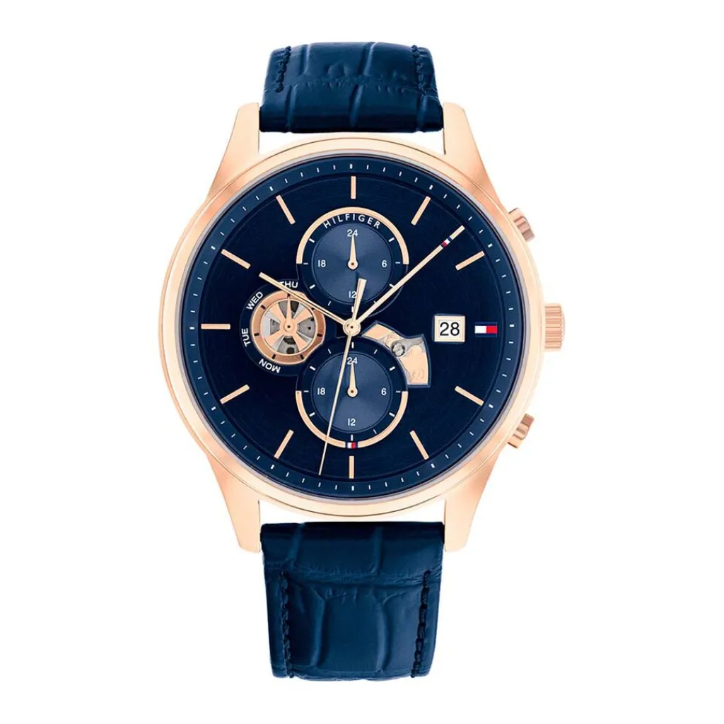 TOMMY HILFIGER Montre Weston Bleu cadran rose fond bleu bracelet cuir bleu New