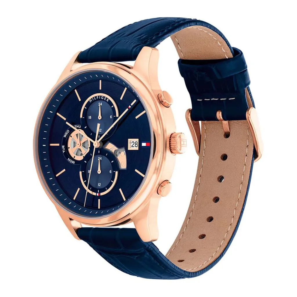 TOMMY HILFIGER Montre Weston Bleu cadran rose fond bleu bracelet cuir bleu New