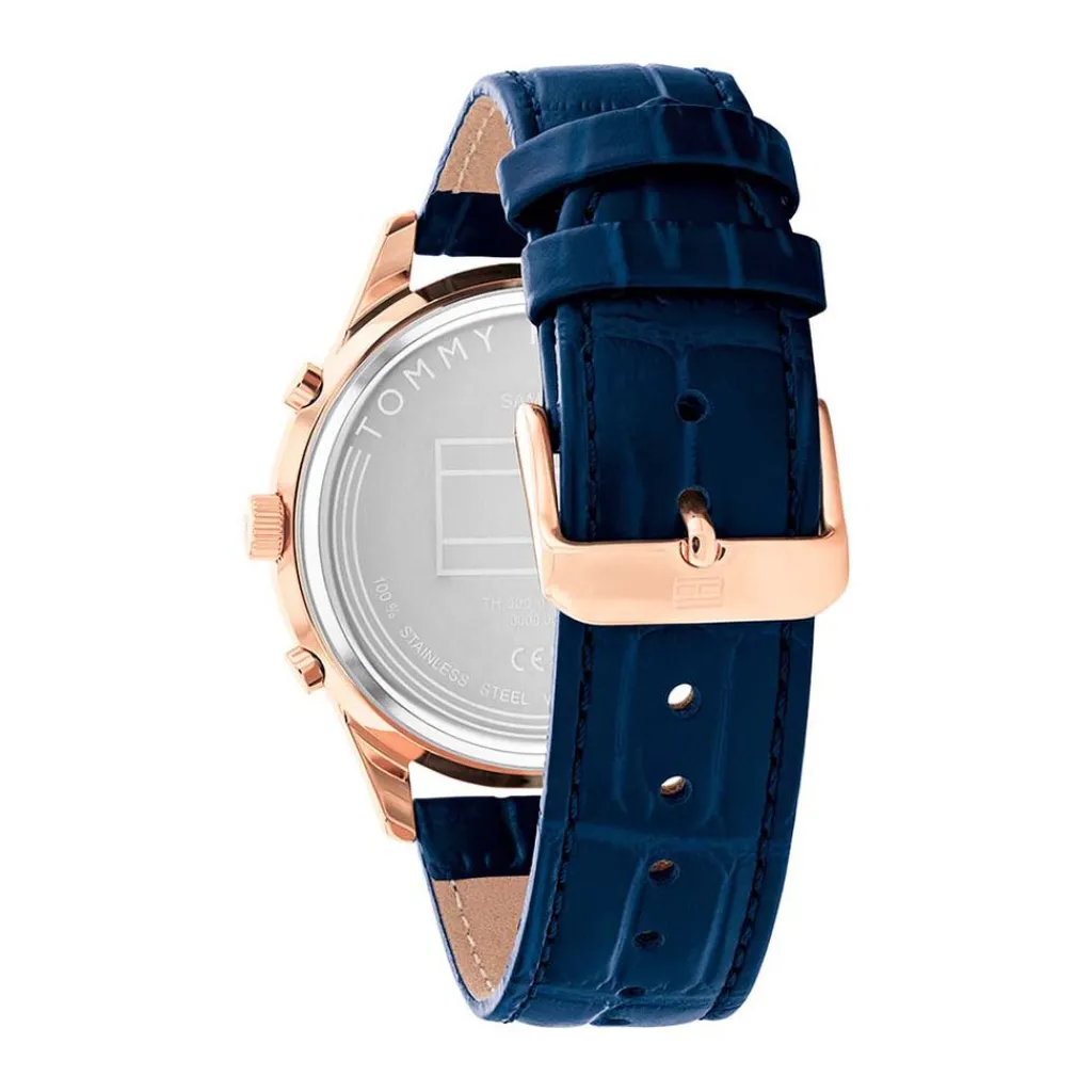TOMMY HILFIGER Montre Weston Bleu cadran rose fond bleu bracelet cuir bleu New