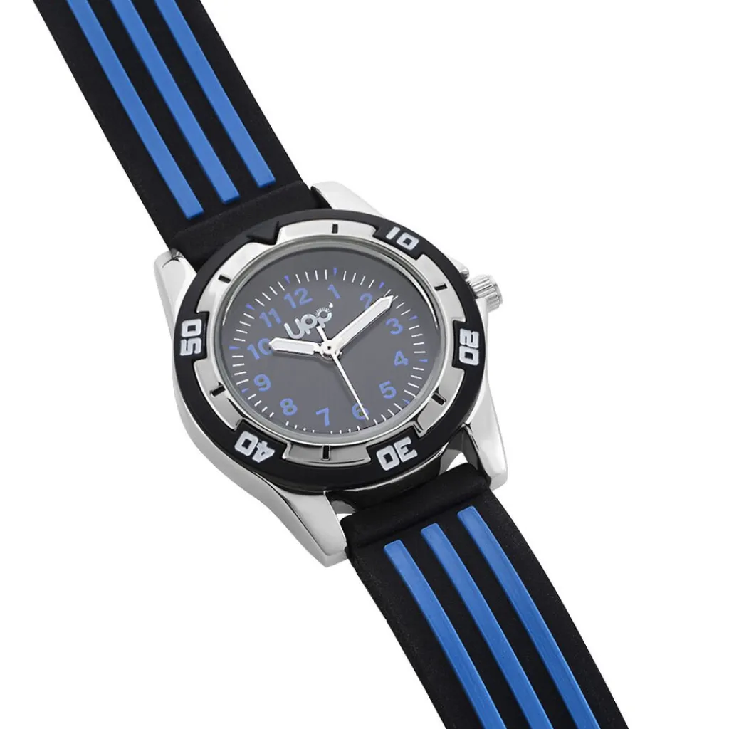 UPP Montre Alexis Noir cadran argenté fond noir bracelet plastique noir et bleu Best