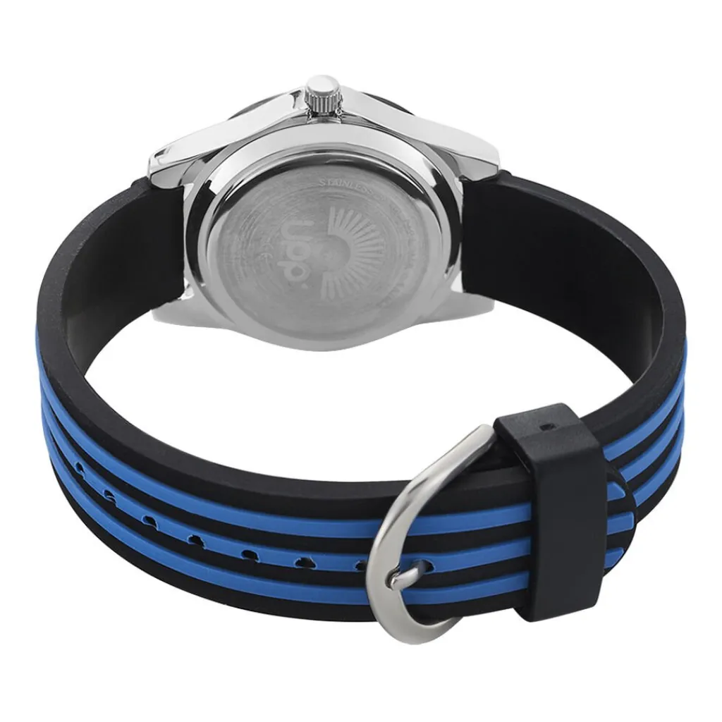 UPP Montre Alexis Noir cadran argenté fond noir bracelet plastique noir et bleu Best